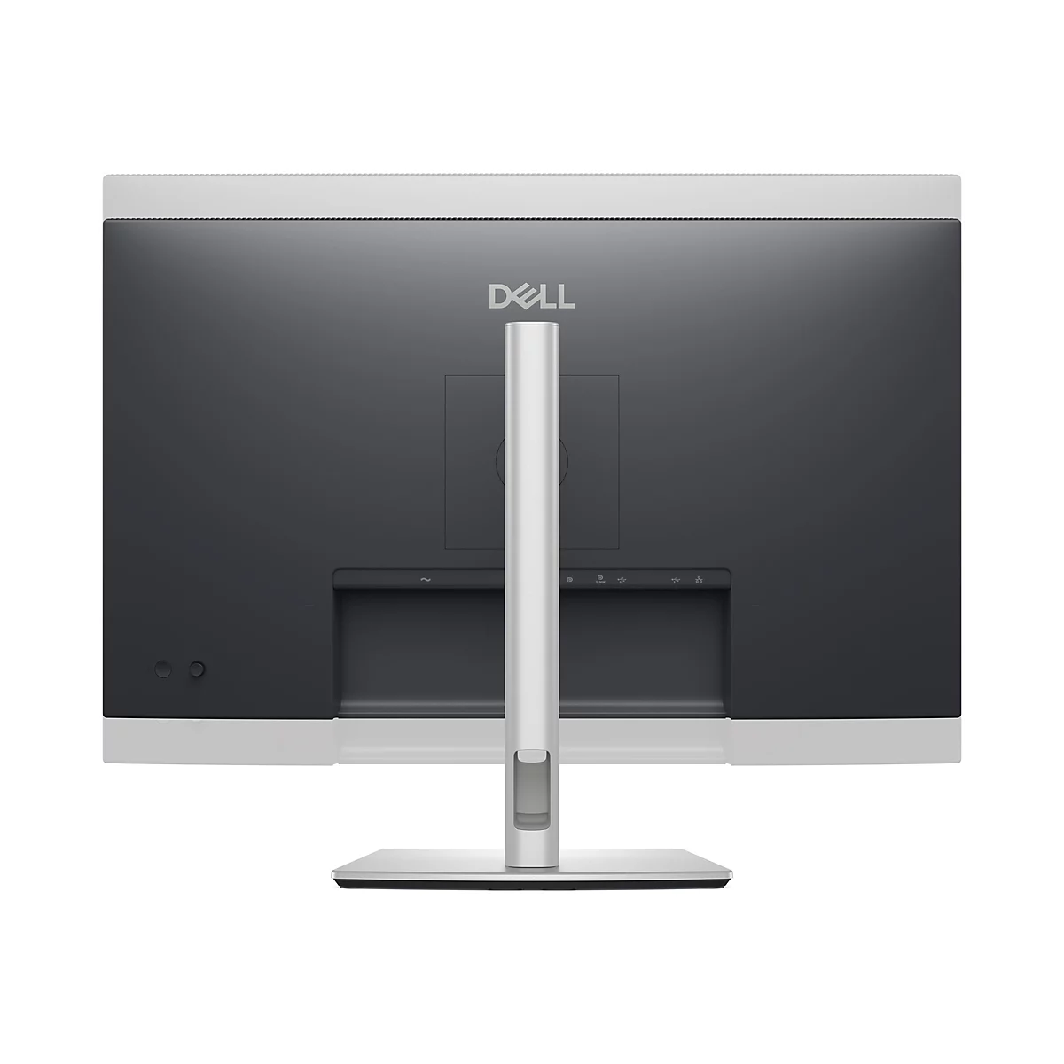 Rückseite eines Dell-Monitors. Grauer Bildschirm, silberfarbener Ständer. Dell-Logo oben.
