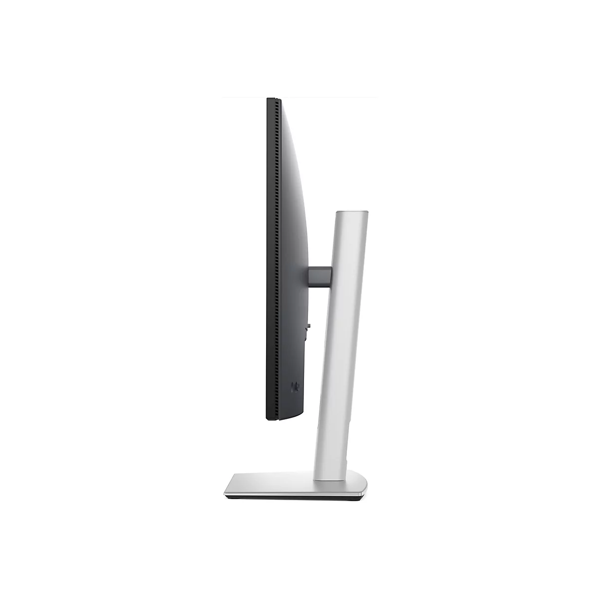 Seitenansicht eines schlanken, silberfarbenen Monitors, der auf einem weißen Hintergrund steht. Der Monitor ist schlank und hat einen schmalen schwarzen Rahmen. Der Standfuß ist ebenfalls silberfarben.
