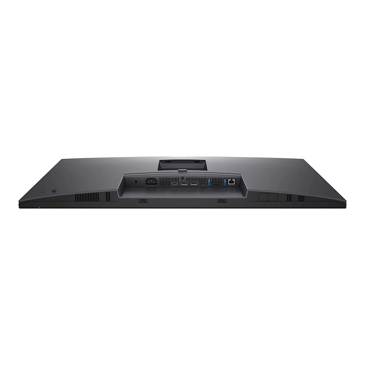 Rückseite eines schwarzen Monitors mit Anschlüssen, wie HDMI, USB und Stromanschluss, vor weißem Hintergrund.