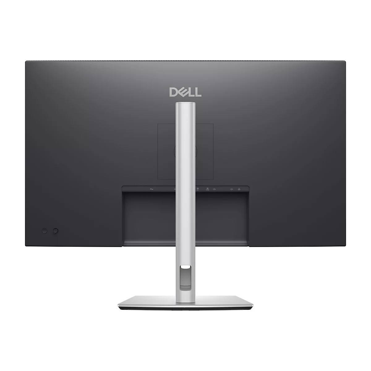 Rückseite eines schwarzen Dell-Monitors, der von einem silbernen Ständer gehalten wird. Das Dell-Logo ist oben zentriert.