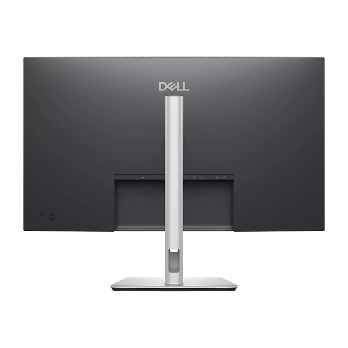 Rückseite eines schwarzen Dell Monitors mit silbernem Standfuß und Dell-Logo.