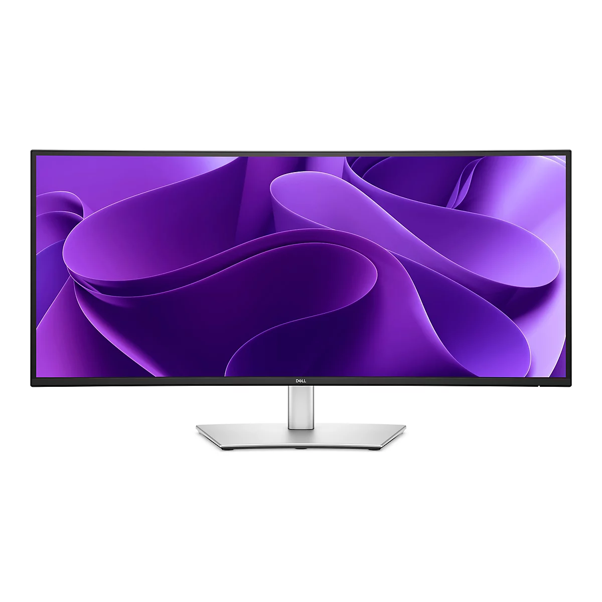 Ein breiter Monitor, der auf einem weißen Hintergrund steht. Der Bildschirm zeigt abstrakte, lila Formen. Unter dem Bildschirm ist ein silberner Standfuß.
