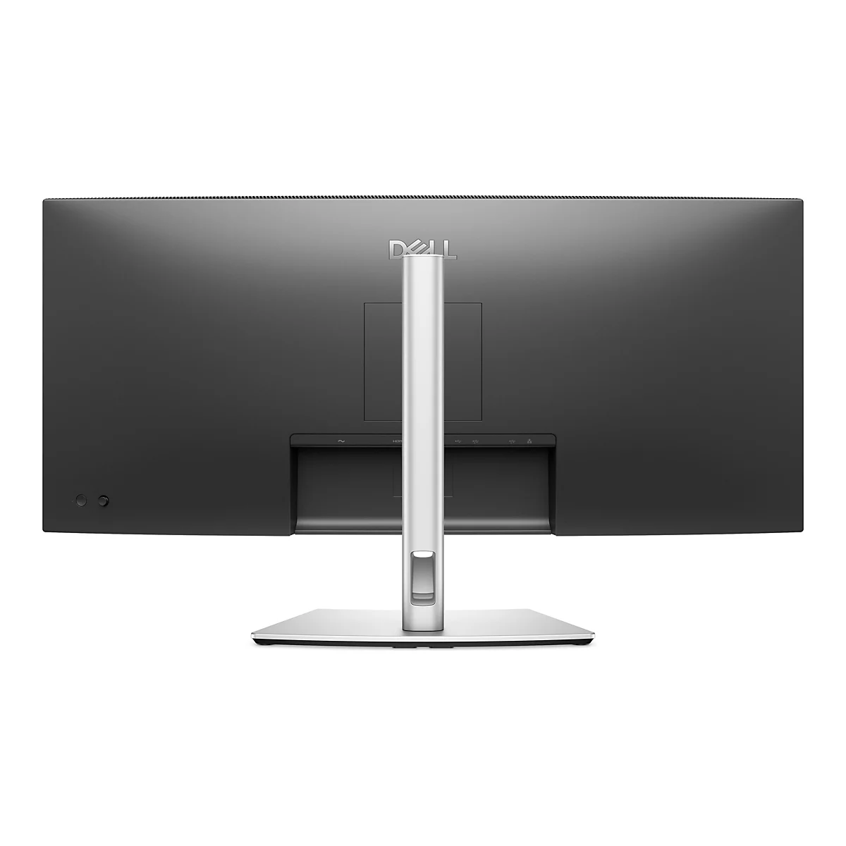 Rückansicht eines schwarzen Dell Monitors mit silbernem Standfuß und -arm. Das Dell Logo ist oben mittig angebracht.