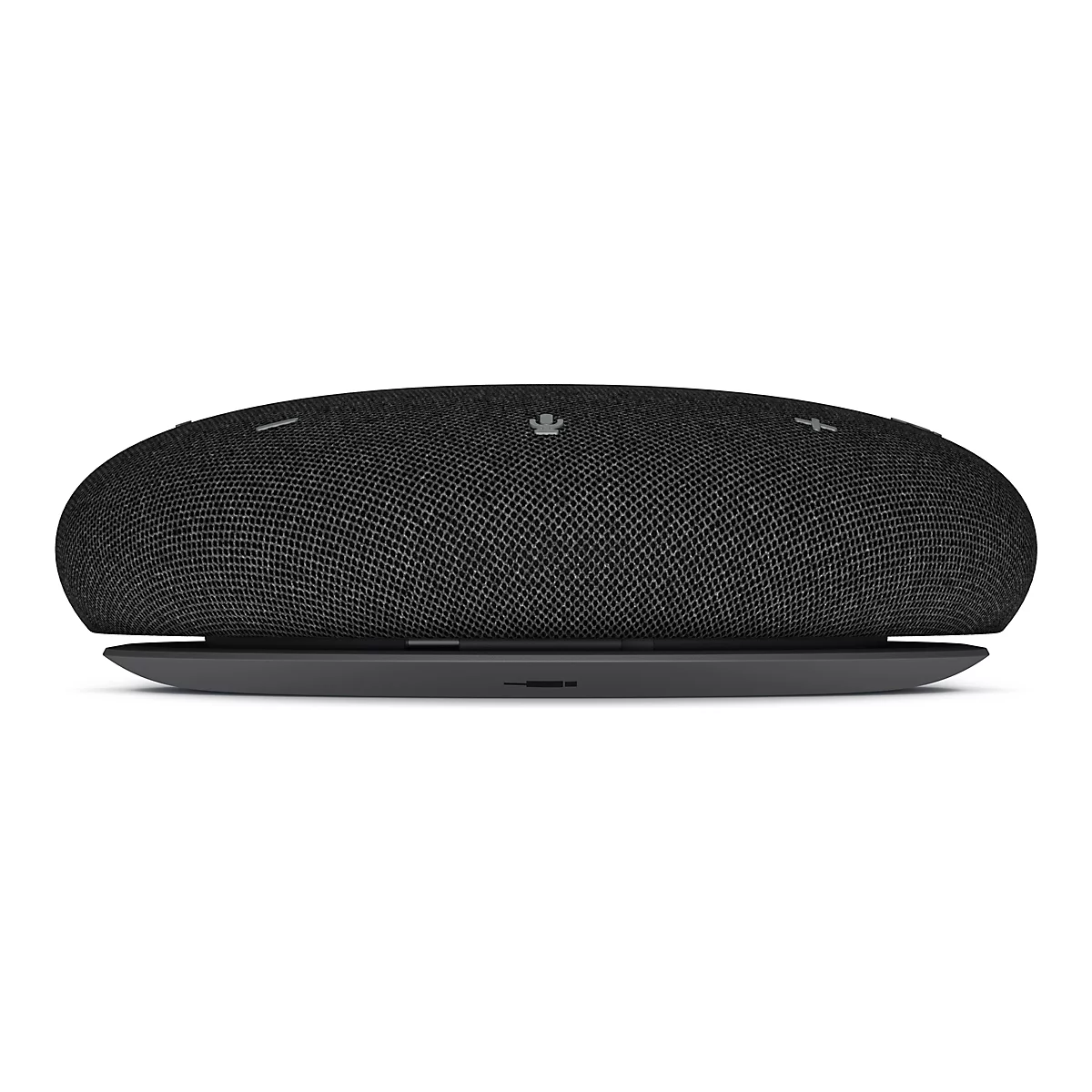 Ein schwarzer, ovalförmiger Smart Speaker auf einem schwarzen Sockel. Oben befinden sich Bedienelemente.