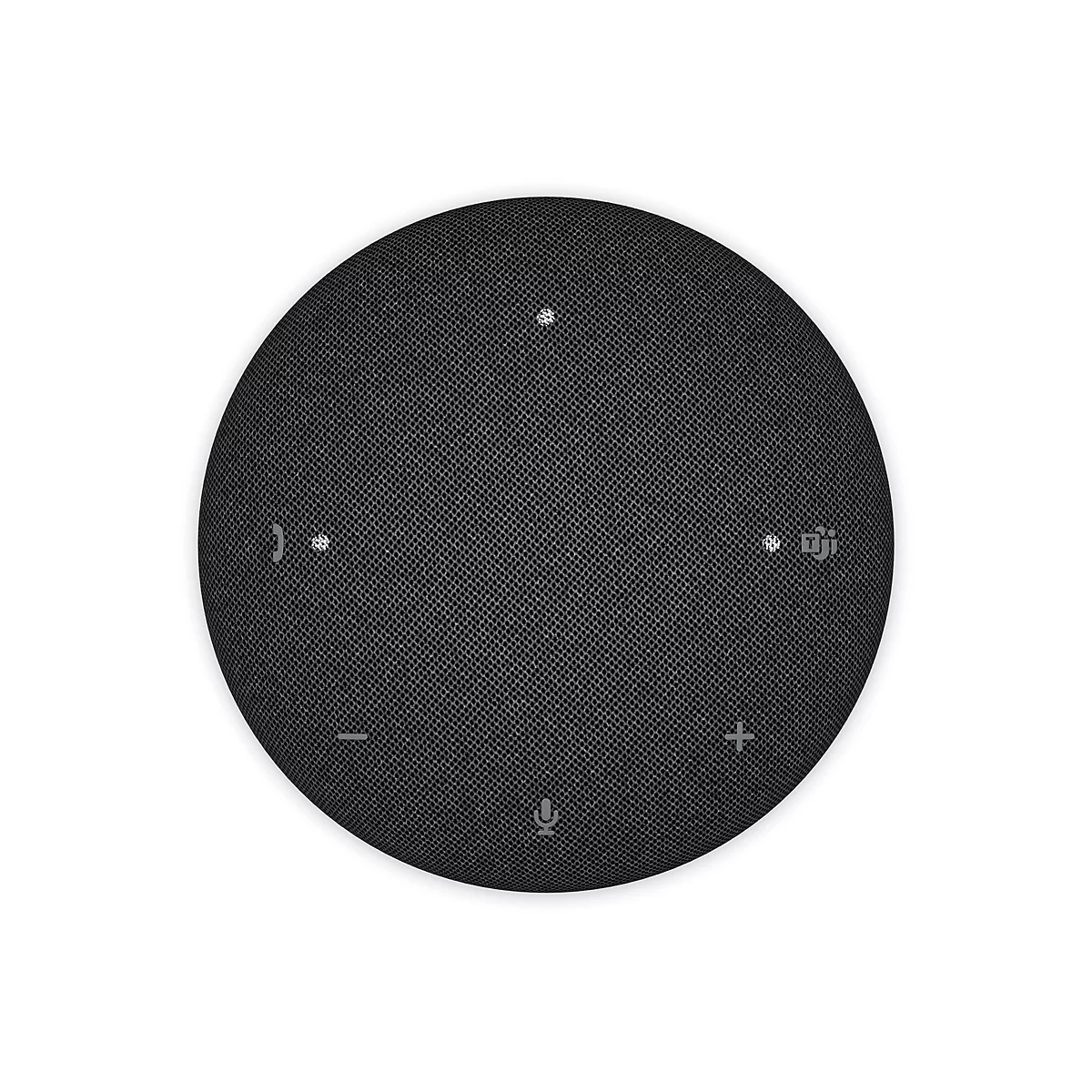 Draufsicht auf einen schwarzen Smart Speaker mit Bedienelementen und Mikrofon-Symbolen.