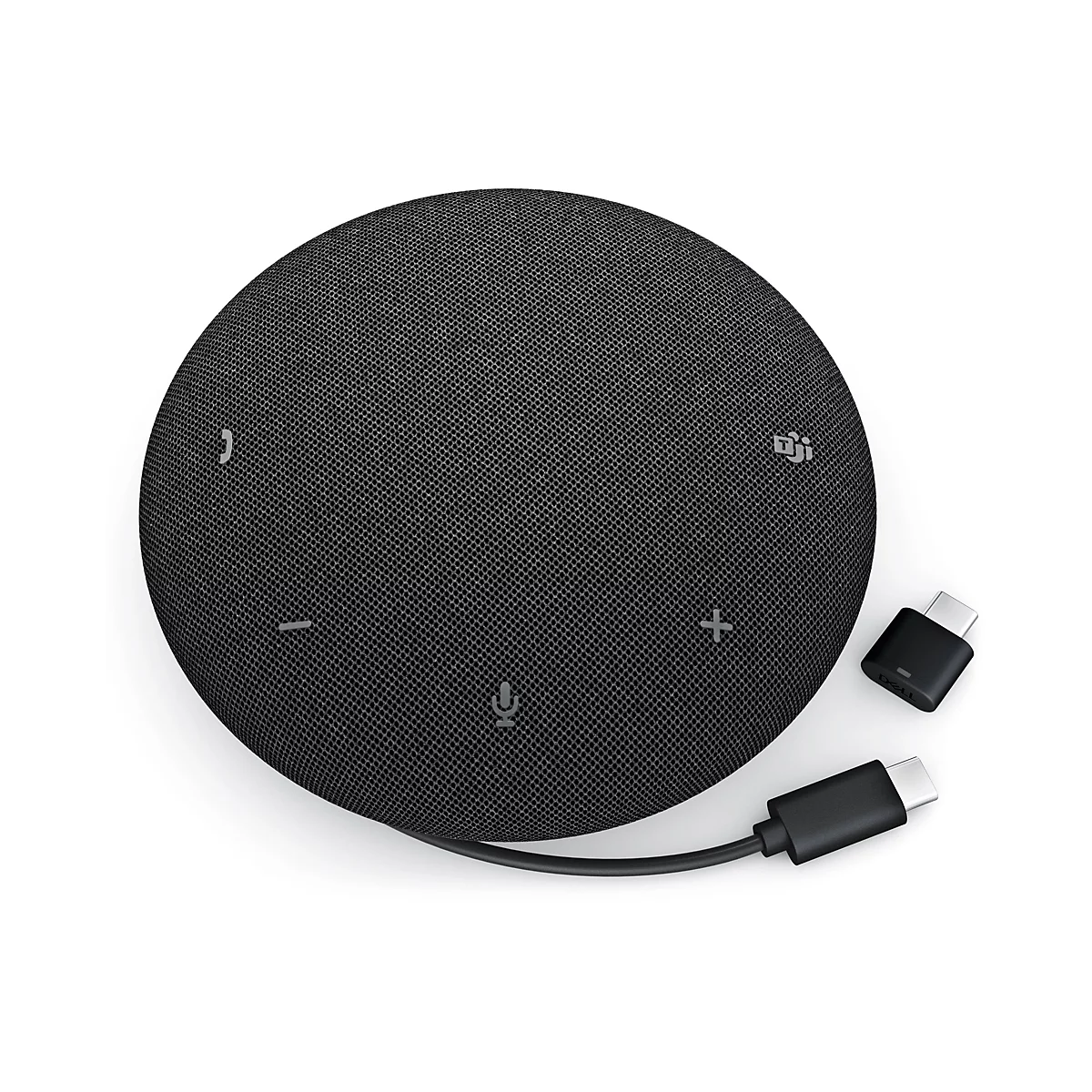 Un haut-parleur intelligent noir et rond avec des commandes et des connecteurs USB-C sur fond blanc.