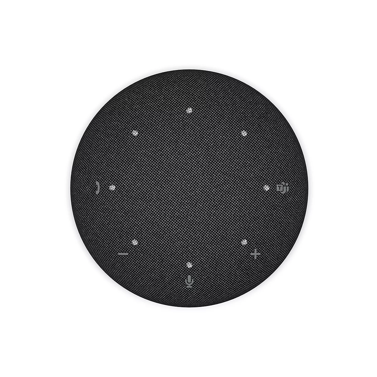 Un haut-parleur rond et noir. Il y a des symboles sur la surface : microphone, plus, moins, appel et muet.