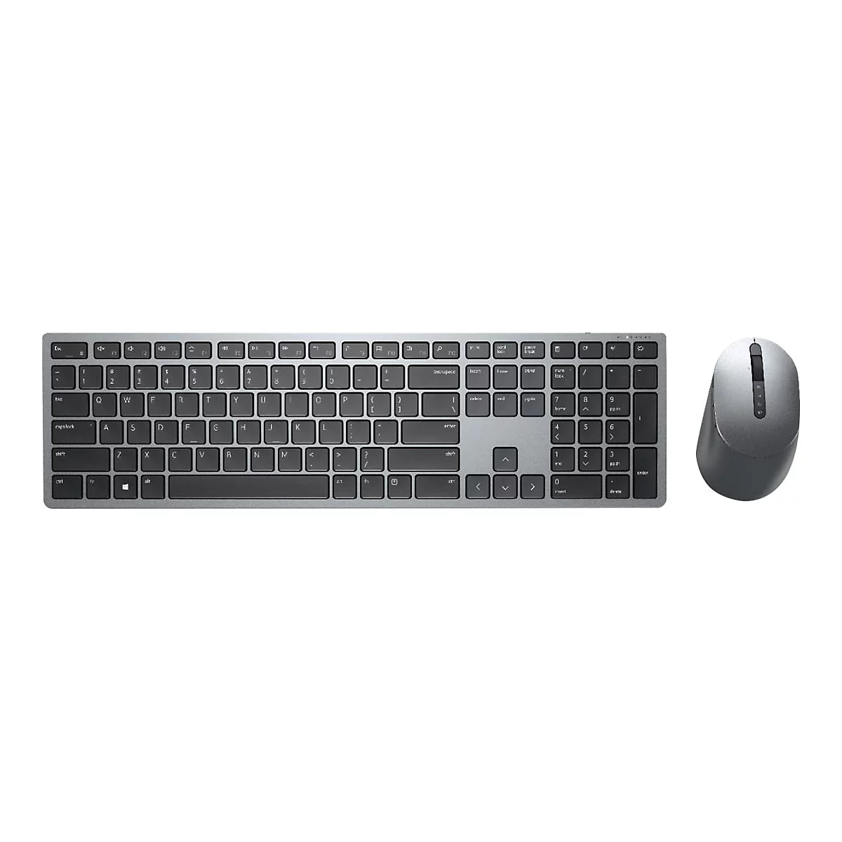 Draufsicht auf ein silbernes Tastatur-Maus-Set. Die Tastatur hat dunkle Tasten mit helleren Buchstaben. Die Maus ist ebenfalls silberfarben.