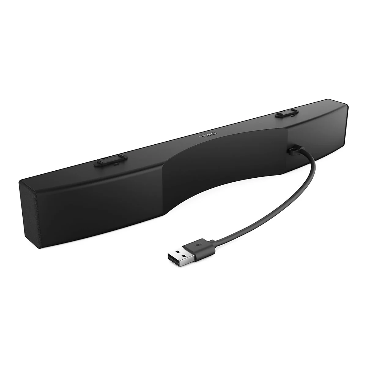 Schwarze Soundbar mit USB-Kabel. Das Gerät hat eine leicht geschwungene Form und eine matte Oberfläche. Ein USB-Stecker ist angeschlossen.