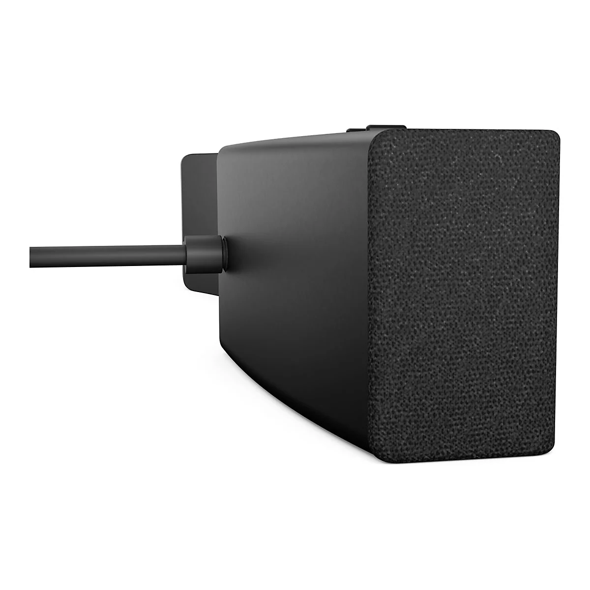 Schwarze Soundbar, texturierte Lautsprecherseite, Kabelanschluss.