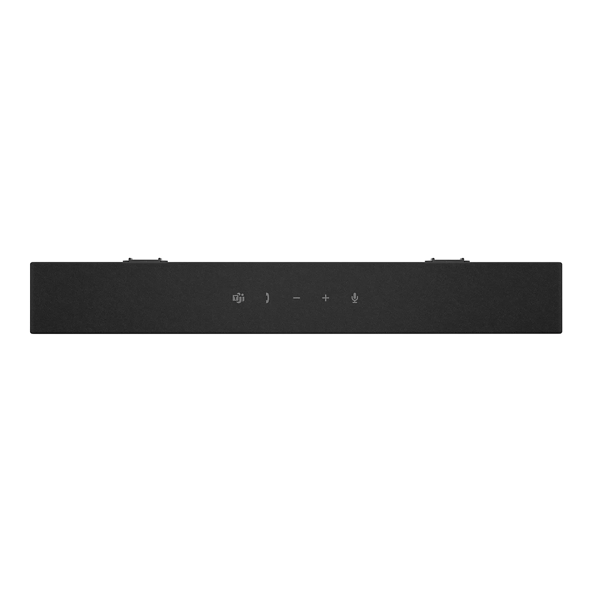 Schwarzer Soundbar mit Bedienknöpfen für Teams-Meetings, vor weißem Hintergrund.