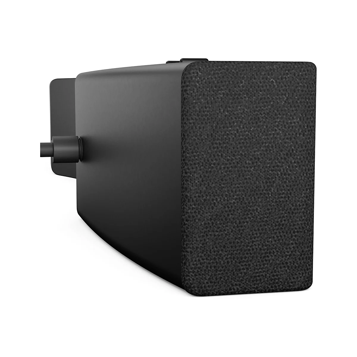 Schwarzer Soundbar, nah, auf weißem Hintergrund. Linke Seite: Anschluss für Wandhalterung. Rechte Seite: Stoffabdeckung.