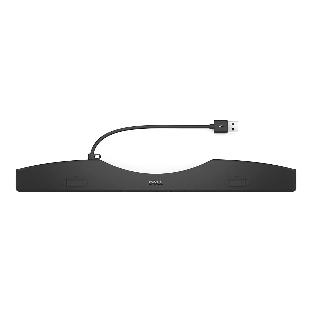 Base de moniteur Dell noire avec câble USB. La base a une forme incurvée, le câble se termine par un connecteur USB.
