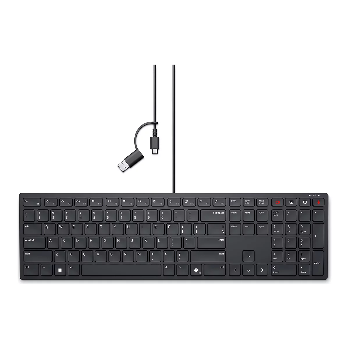 Schwarze Tastatur mit USB-C-Anschluss, liegt auf weißem Hintergrund. Die Tasten sind beschriftet, inkl. Sonderzeichen und Funktionstasten.