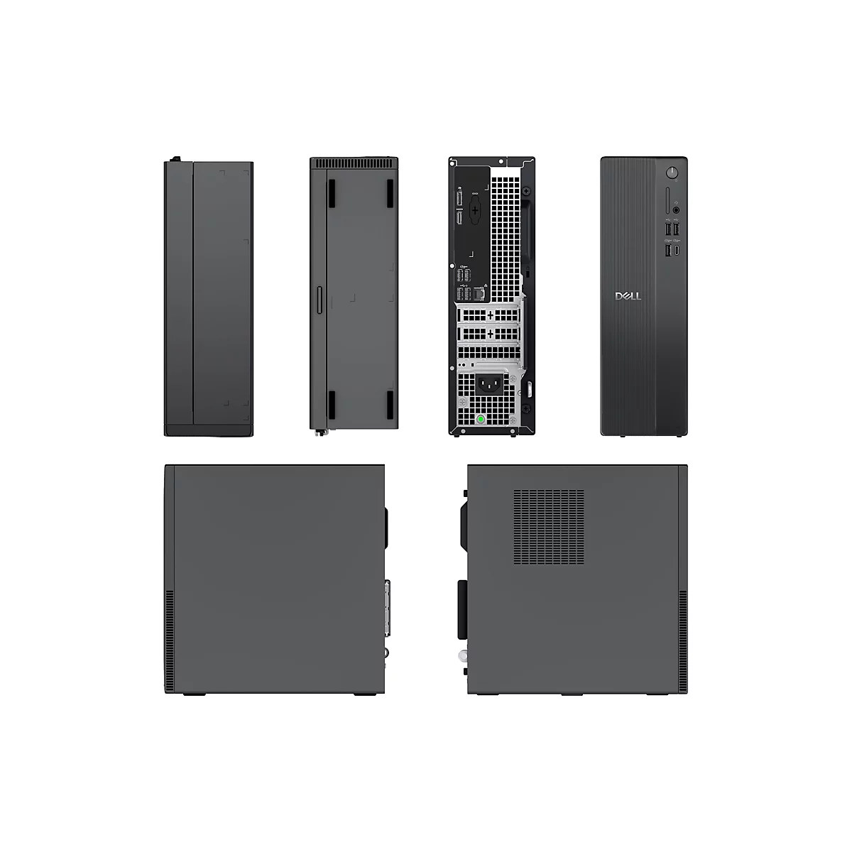 Verschiedene Ansichten eines schwarzen Dell-Desktop-Computers: Front-, Seiten-, Rück- und Draufsicht.