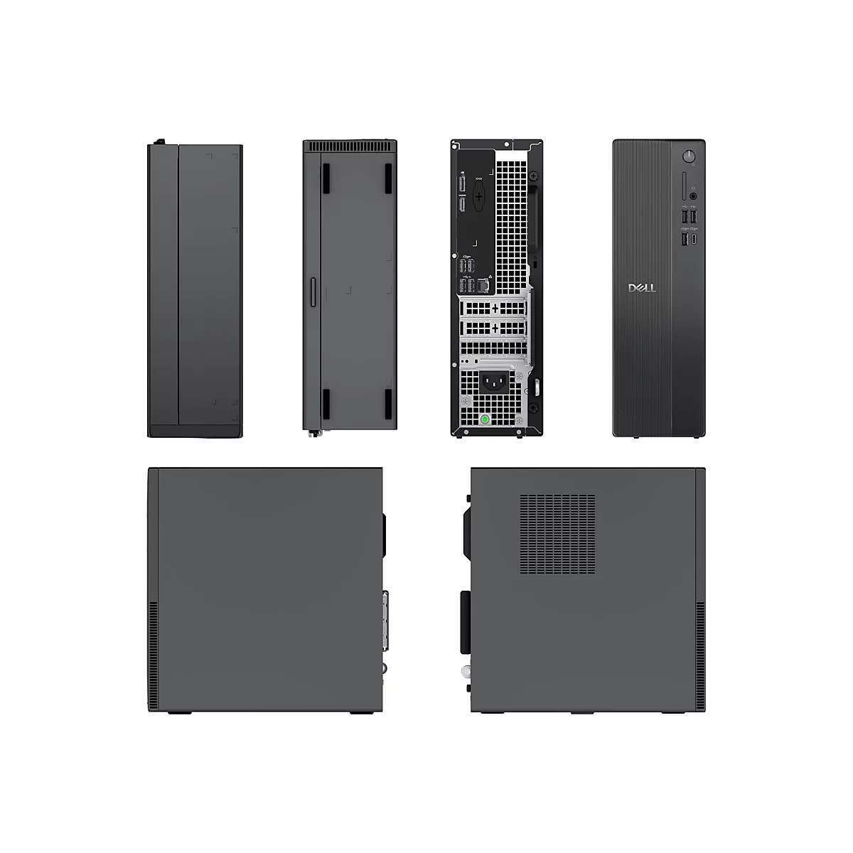 Mehrere Ansichten eines schwarzen Dell-Desktop-Computers: Front, Seite, Rückseite und Oberseite. Der PC ist ein schlanker Tower.