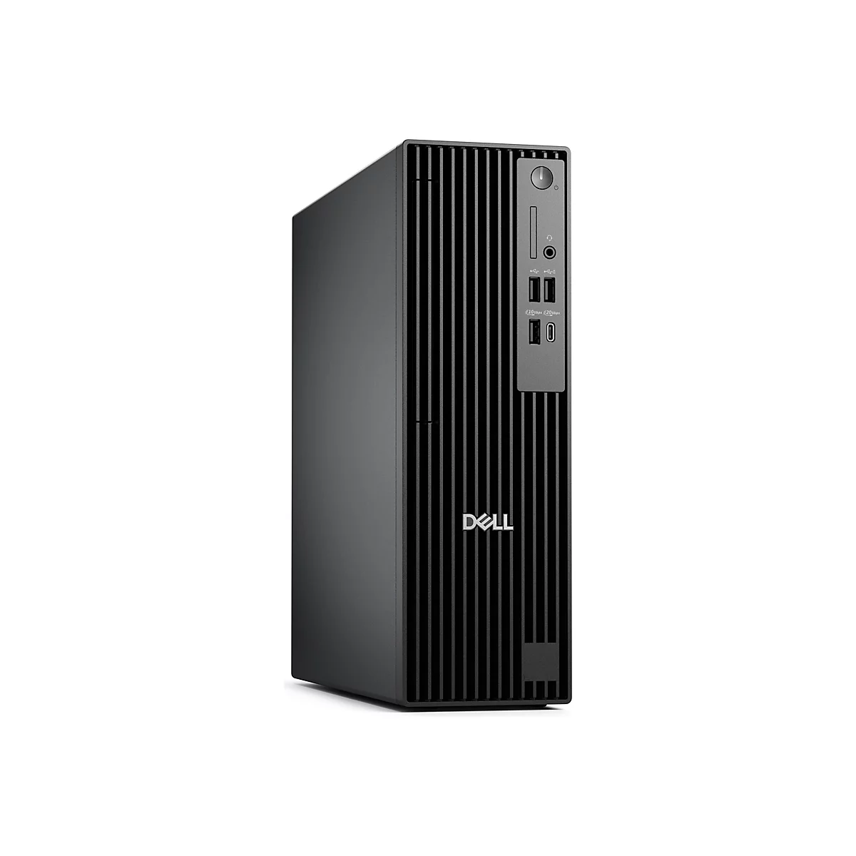 Ein schwarzer Dell-Tower-PC steht vor weißem Hintergrund. Auf der Vorderseite befinden sich USB-Anschlüsse und das Dell-Logo.
