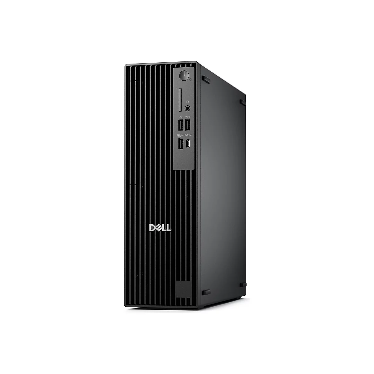 Schwarzer Dell-Desktop-Computer vor weißem Hintergrund. Auf der Vorderseite sind USB-Anschlüsse, ein Einschaltknopf und das Dell-Logo zu sehen.