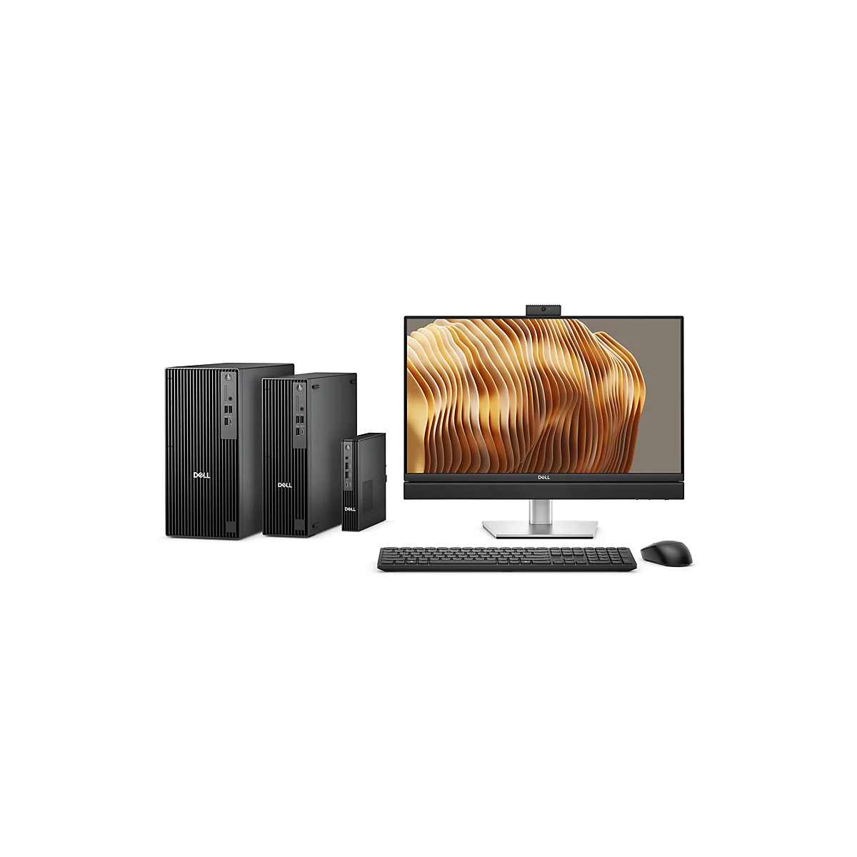 Drei Dell-Tower-PCs und ein Monitor mit Tastatur und Maus vor weißem Hintergrund. Der Monitor zeigt eine abstrakte, goldfarbene Berglandschaft.