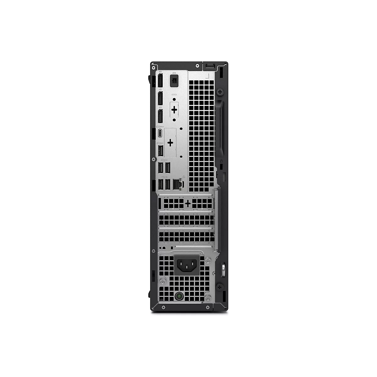 Rückseite eines schwarzen Computers mit Anschlüssen, Lüftungsschlitzen und Stromanschluss.