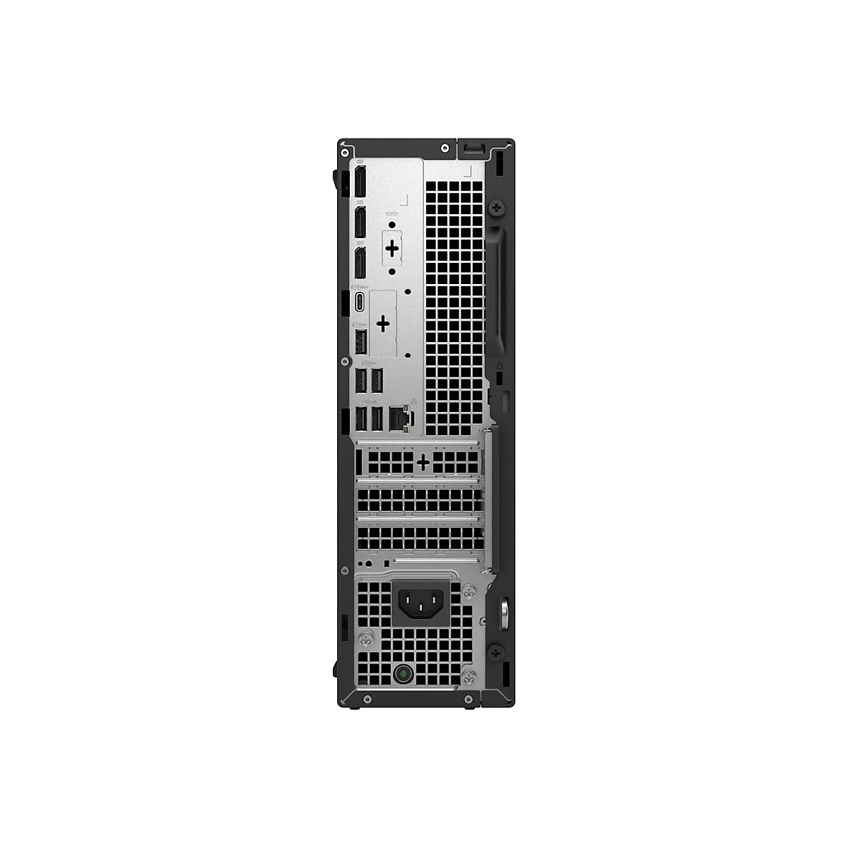 Rückseite eines schwarzen Desktop-Computers auf weißem Hintergrund. Verschiedene Anschlüsse sind deutlich sichtbar.