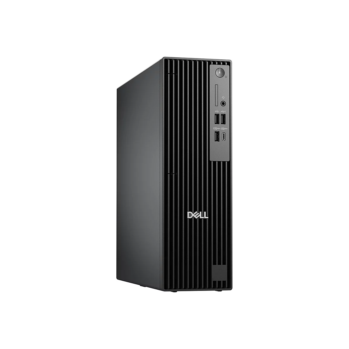 Schwarzer Dell-Desktop-PC vor weißem Hintergrund. Der Tower hat vertikale Lüftungsschlitze und Anschlüsse an der Vorderseite.