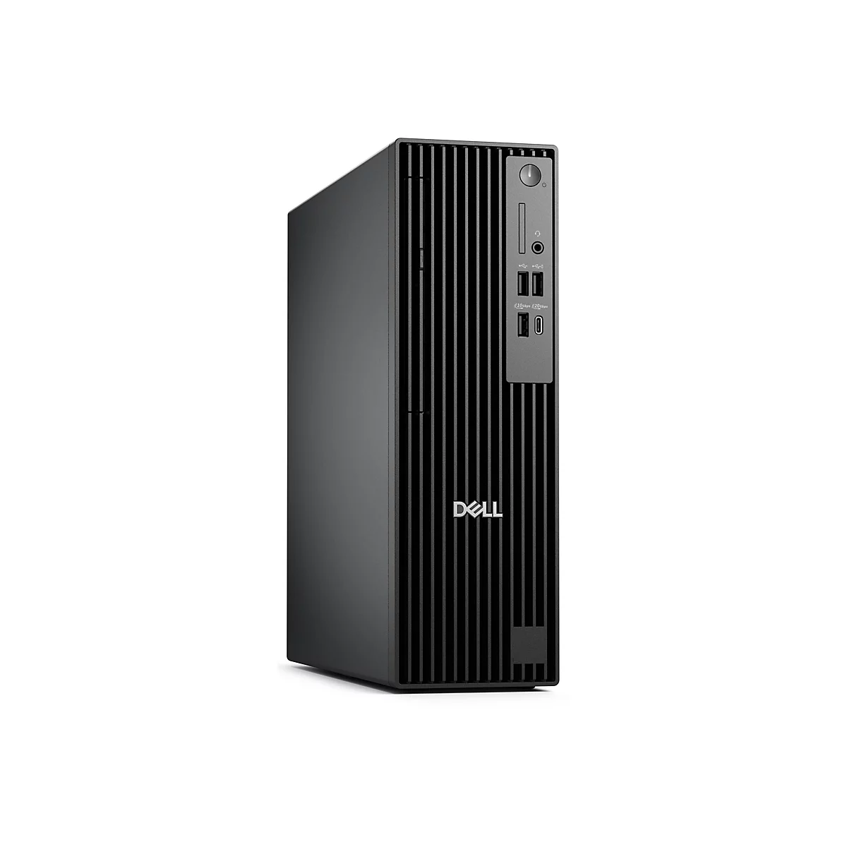 Schwarzer Dell-Desktop-PC vor weißem Hintergrund. Vertikal mit Rillen vorne und Ports auf der rechten Seite.