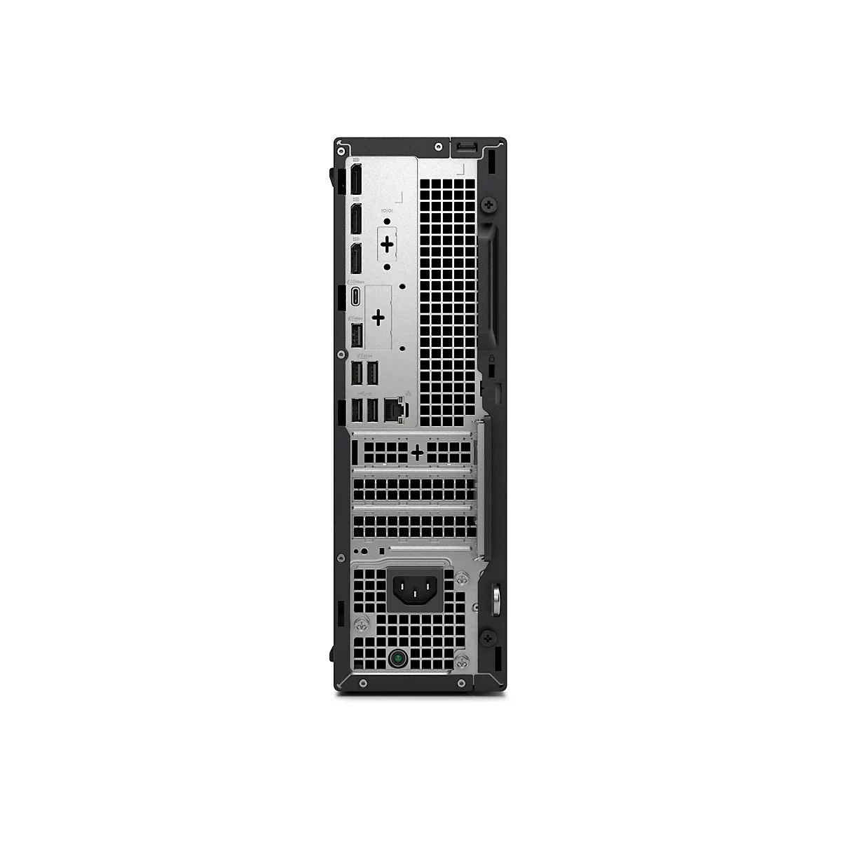 Rückseite eines schwarzen Desktop-Computers mit Anschlüssen und Lüftungsschlitzen, isoliert auf weißem Hintergrund.