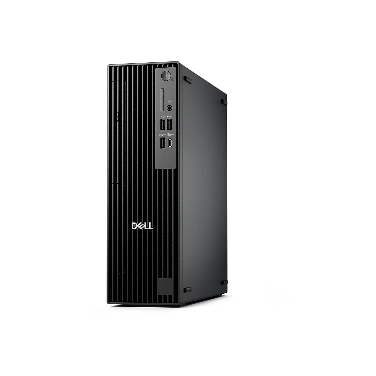 Schwarzer Dell-PC mit Lüfter und USB-Anschlüssen. Das Dell-Logo ist deutlich sichtbar.