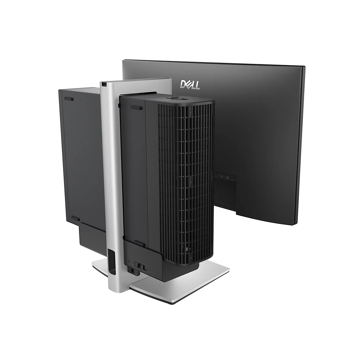 Ein schwarzer Dell-Monitor und ein ebenfalls schwarzer Computer auf einem silbernen Halterung, der sich an der Rückseite des Monitors befindet.