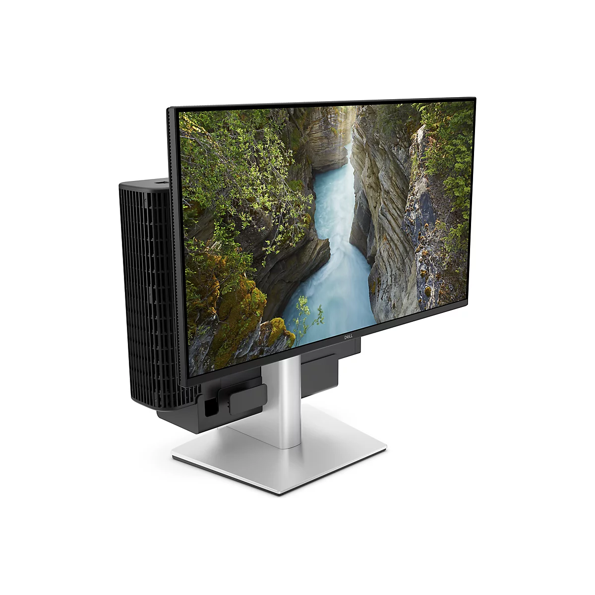 Ein Dell Monitor mit PC Gehäuse integriert, zeigt eine Landschaft. Schwarzer Bildschirmrand, silberner Fuß.