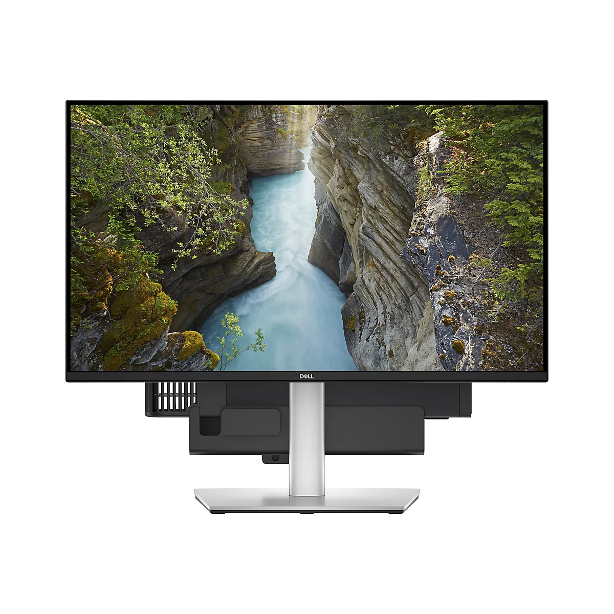 Der Dell-Monitor zeigt einen malerischen Wasserfall mit grünem Gestrüpp. Der Monitor ist auf einem silberfarbenen Standfuß befestigt.