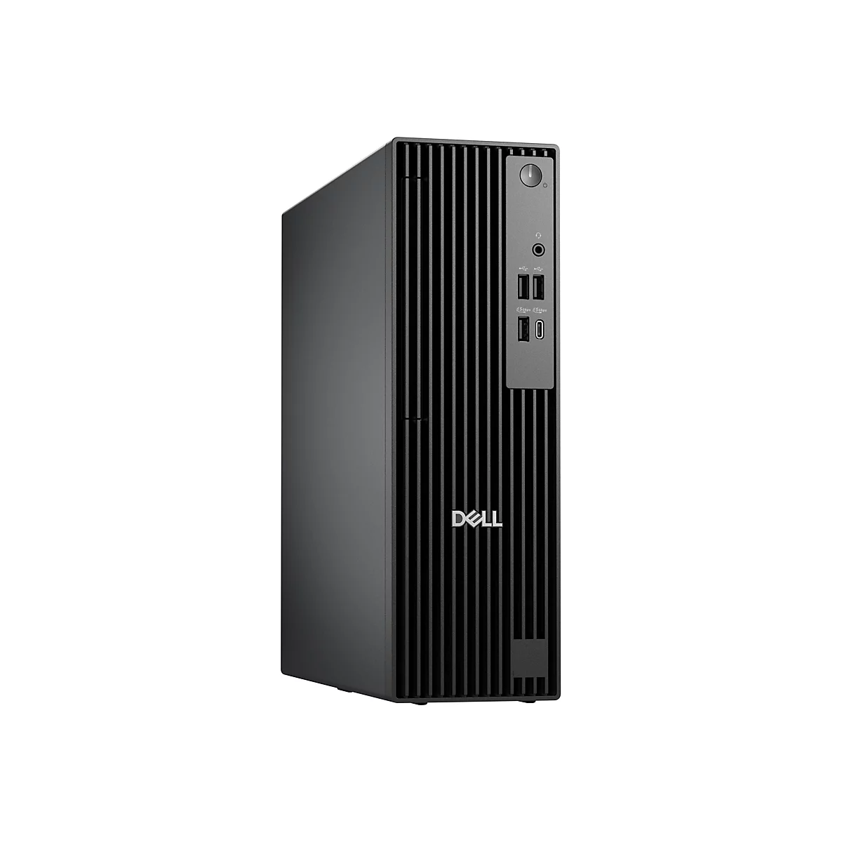 Ein schwarzer Dell-Desktop-PC vor weißem Hintergrund. Er hat eine geriffelte Front, USB-Anschlüsse und das Dell-Logo.