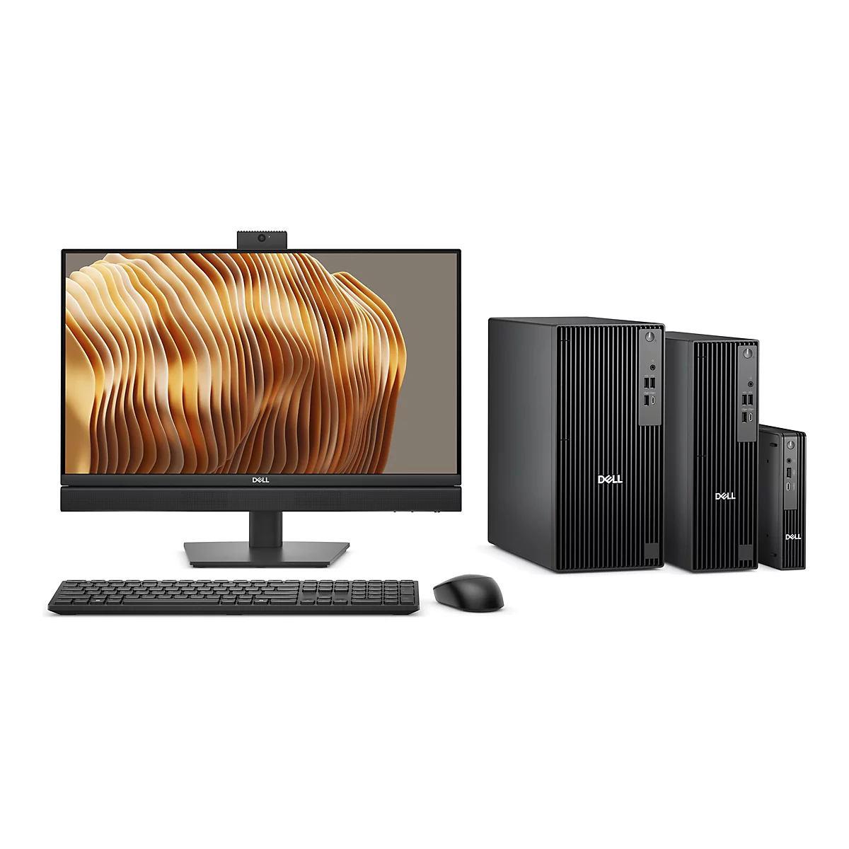 Ein schwarzer Dell-Monitor mit Tastatur, Maus und drei Tower-PCs auf weißem Hintergrund.