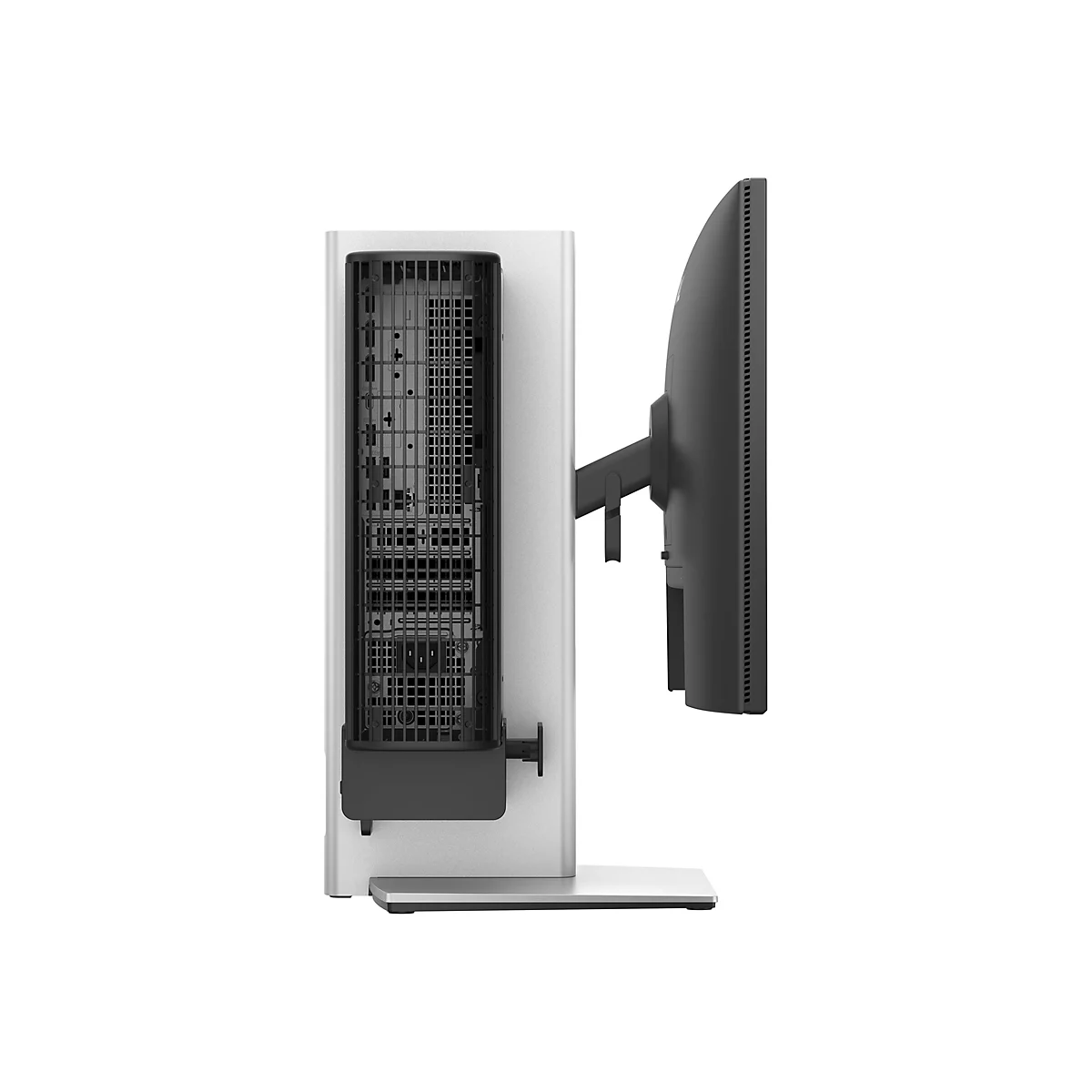 Grauer PC-Tower und Monitor im Profil vor weißem Hintergrund.