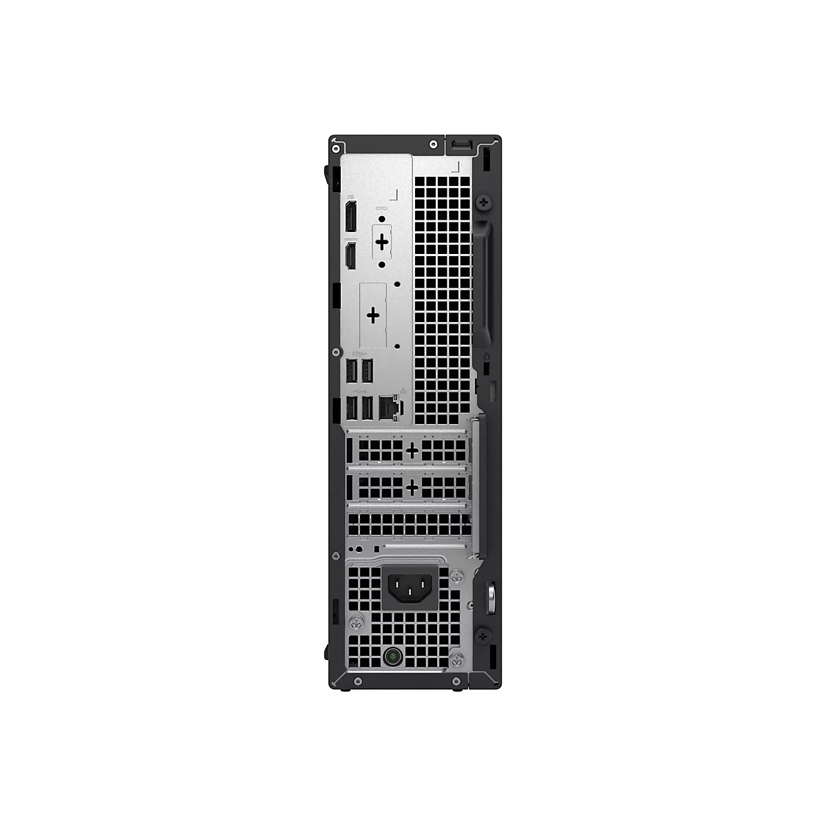 Rückseite eines schwarzen Desktop-PCs. Verschiedene Anschlüsse, HDMI, USB und Stromanschluss sind zu sehen.
