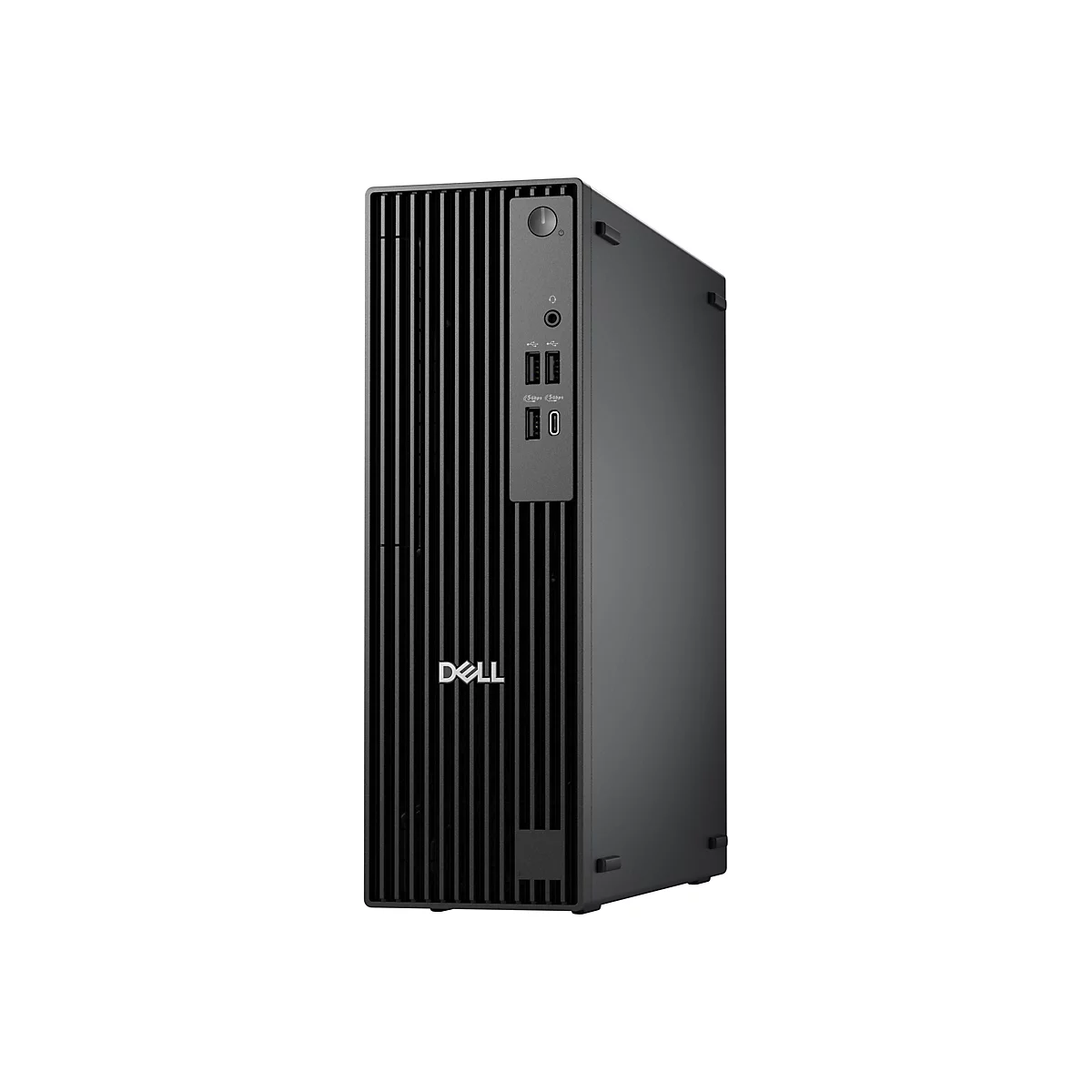 Schwarzer Dell-Desktop-Computer; er hat eine vertikale Struktur mit feinen, vertikalen Linien und Anschlussmöglichkeiten.