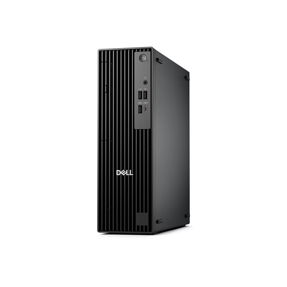 Ein schwarzer Desktop-PC von Dell steht vor weißem Hintergrund. Das Dell-Logo ist sichtbar.