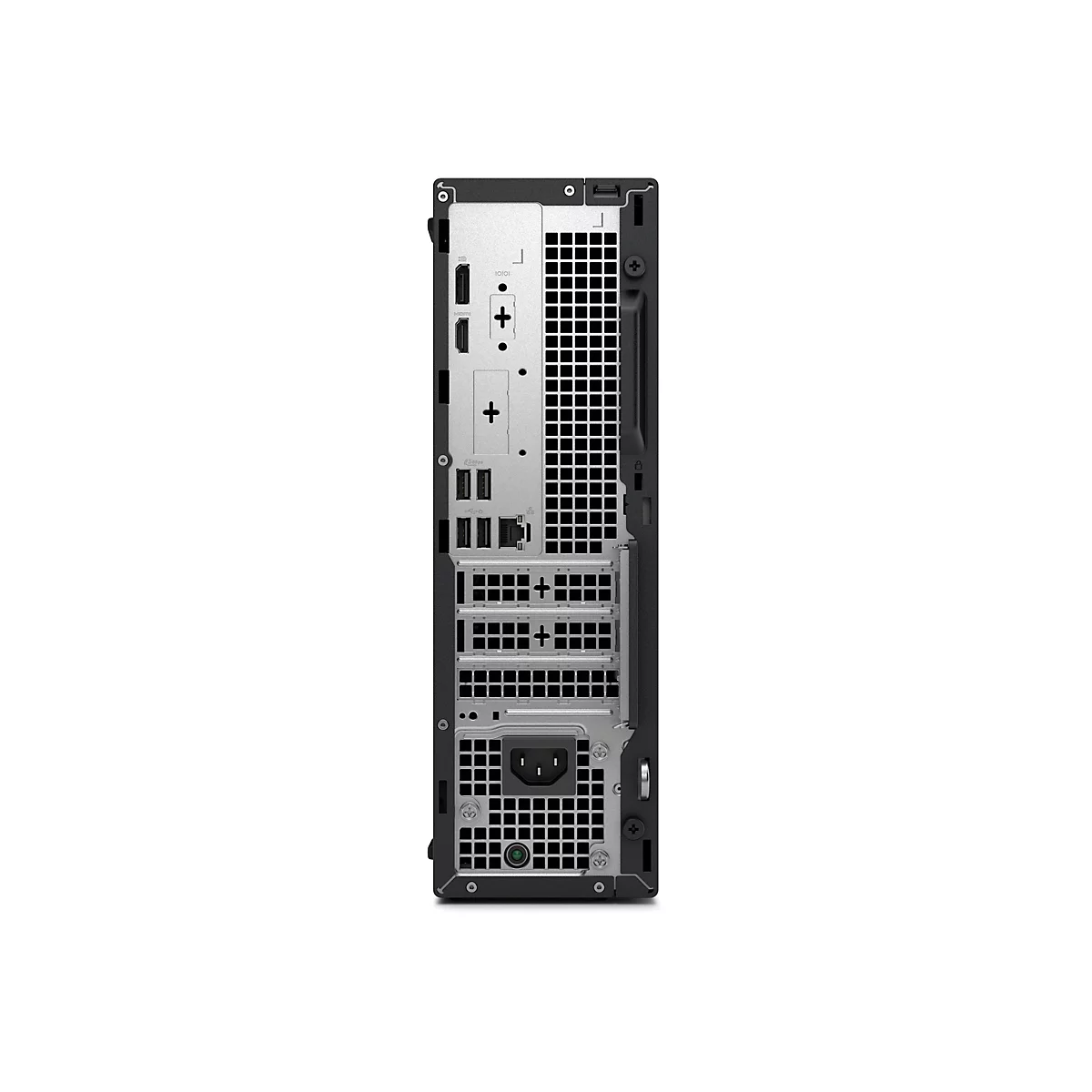 Rückseite eines schwarzen Desktop-Computers. Anschlüsse, Öffnungen, Ein- und Ausgänge.