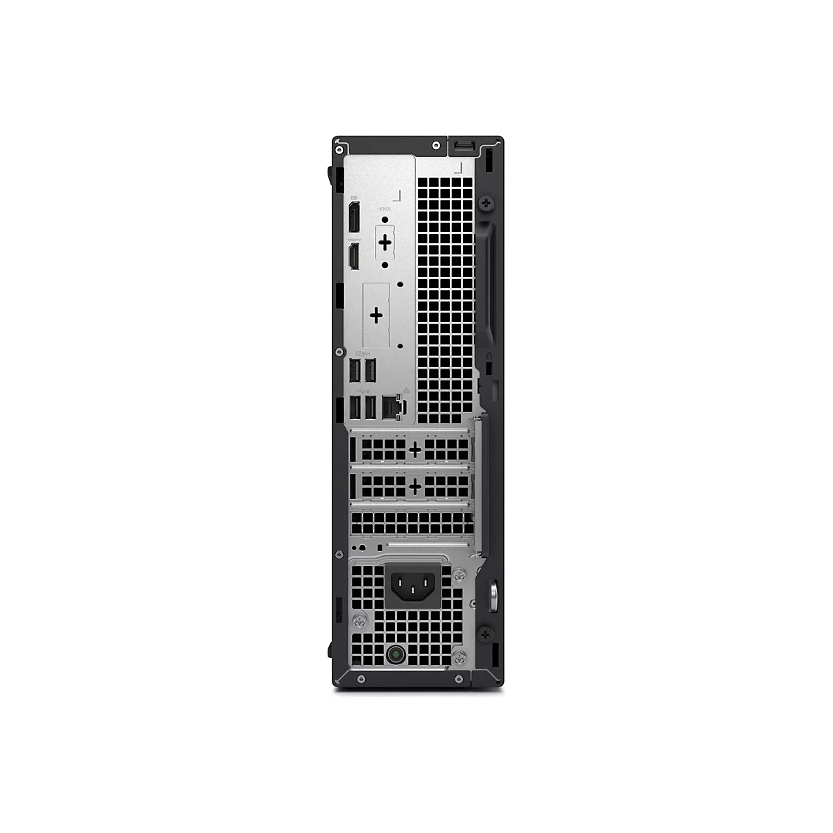 Vue arrière d'un ordinateur de bureau noir. De nombreux ports sont visibles, notamment HDMI, USB et un connecteur d'alimentation.