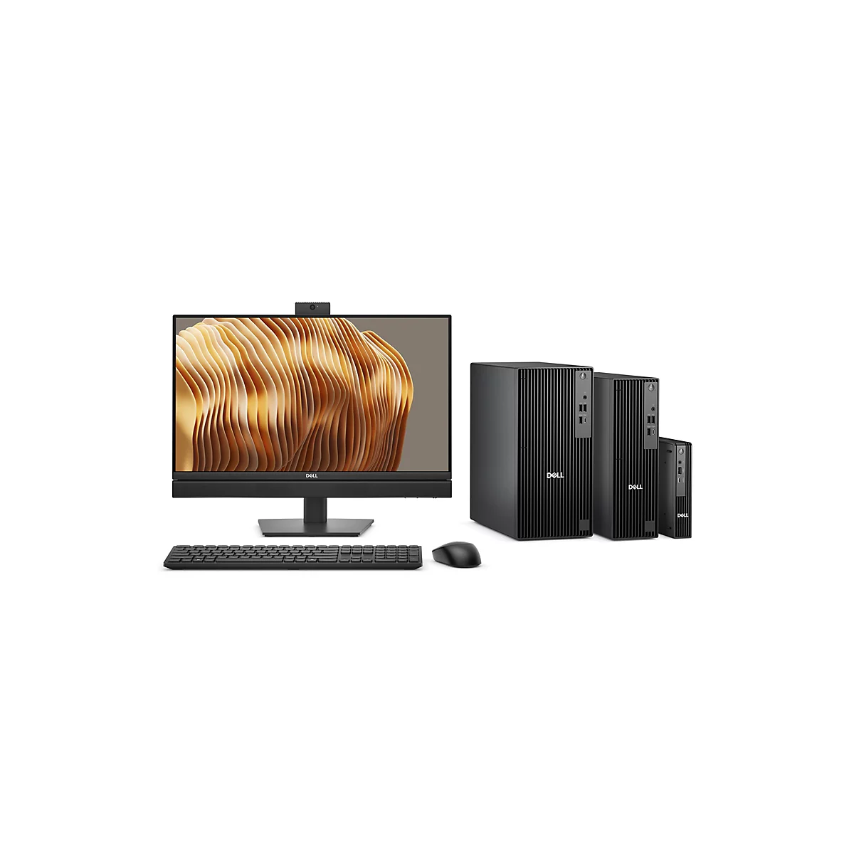 Un ensemble de bureau Dell : écran, clavier, souris et trois tours PC. Un motif abstrait est visible sur l'écran.