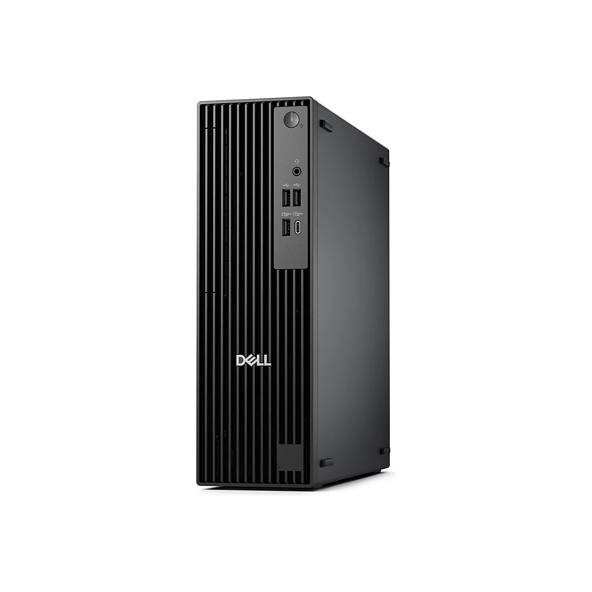 Un PC tour Dell noir se dresse sur fond blanc. Il a un design vertical avec un panneau avant noir et le logo Dell.