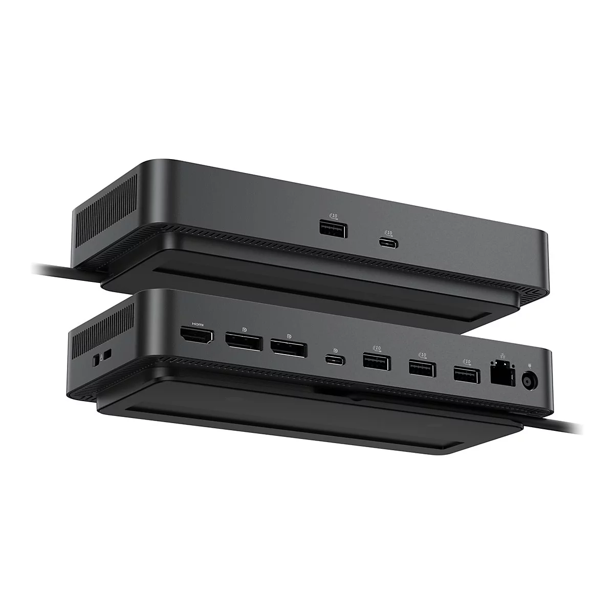 Zwei schwarze Dockingstationen mit verschiedenen Anschlüssen, wie HDMI und USB-C. Sie liegen übereinander.