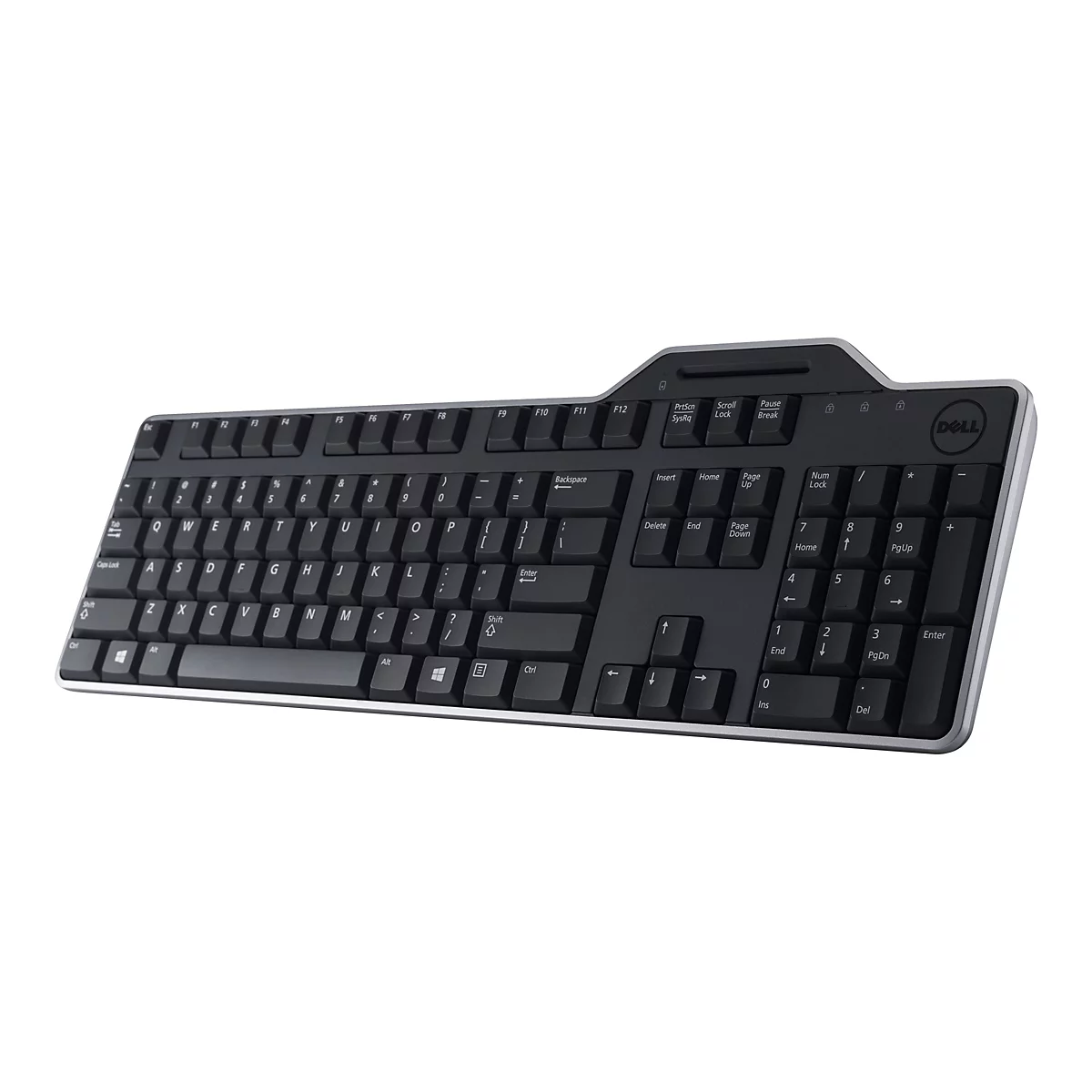 Schwarze Dell-Tastatur, von vorne fotografiert. Die Tasten sind beschriftet, mit silbernem Rand und Dell-Logo.