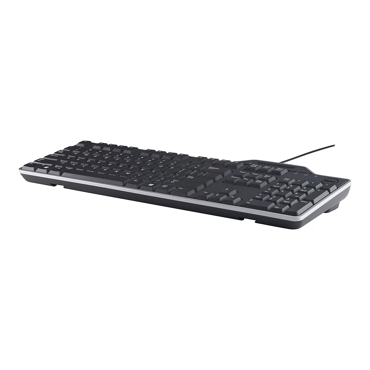 Schwarze Dell-Tastatur mit weißen Tastenbeschriftungen. Das Kabel führt nach rechts oben. Auf der Tastatur sind Buchstaben, Zahlen und Sonderzeichen zu sehen. Das Dell-Logo ist rechts unten.