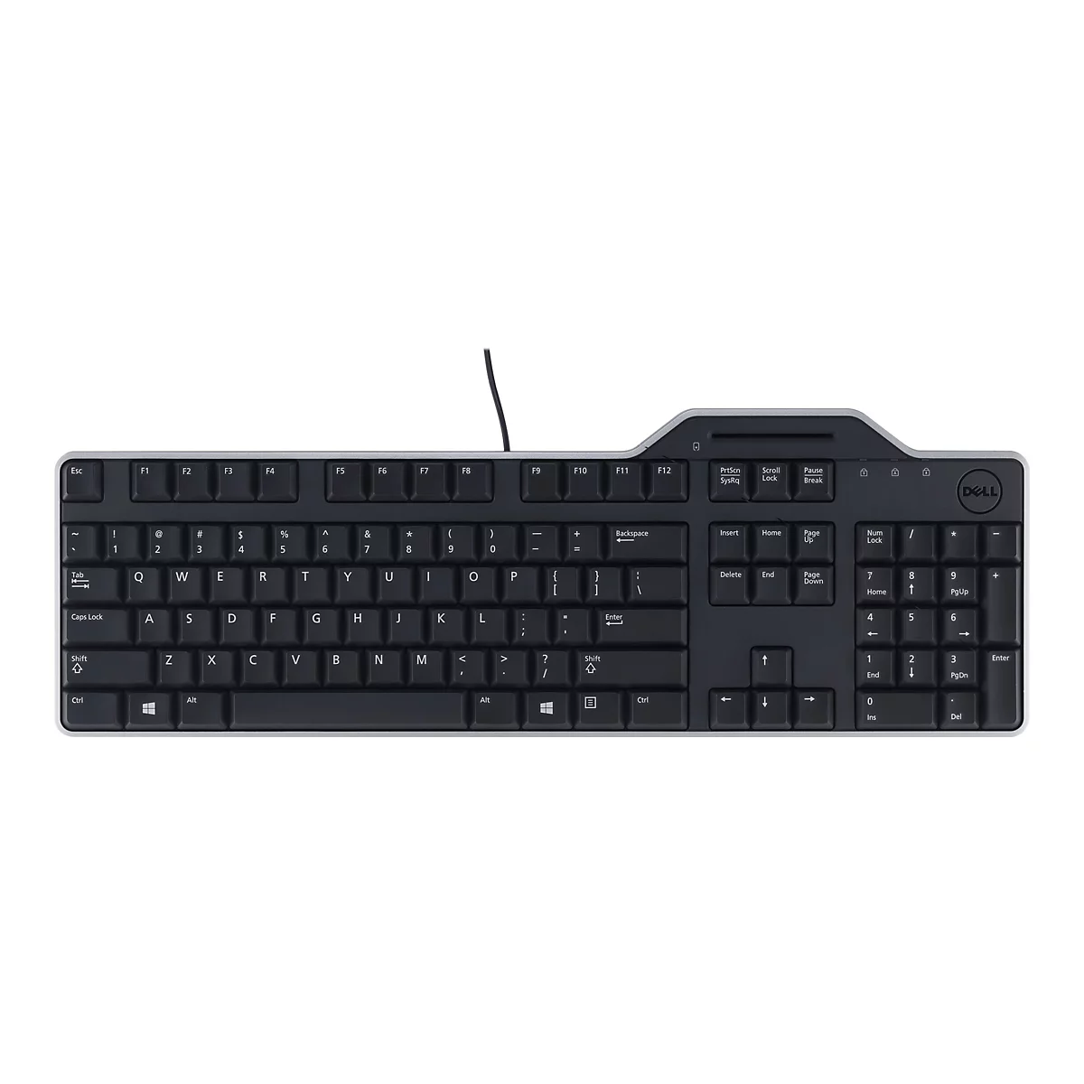 Schwarze Dell-Tastatur auf weißem Hintergrund. Tasten mit Buchstaben, Zahlen und Sonderzeichen. Logo 'Dell'.