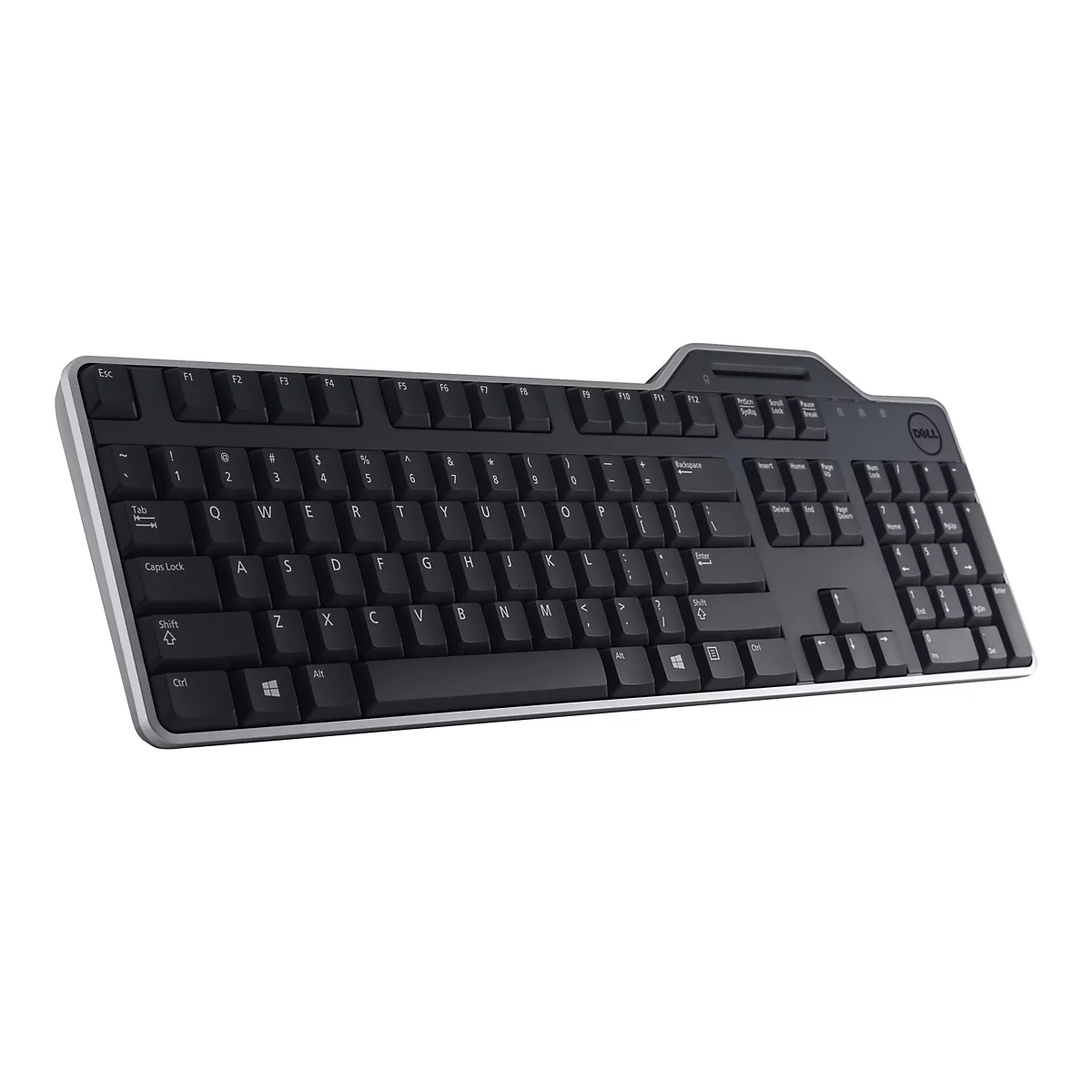 Schwarze Dell-Tastatur mit silbergrauem Rand. Die Tasten sind mit Buchstaben, Zahlen und Sonderzeichen beschriftet.