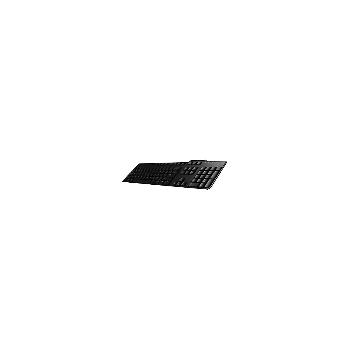 Schwarze Computertastatur in Schrägansicht. Tasten, Nummernblock und Logo sind deutlich erkennbar.