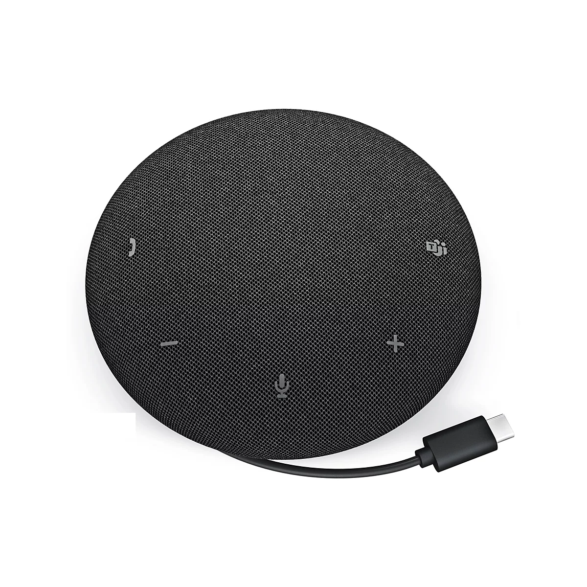 Runder, schwarzer Lautsprecher mit Gittermuster und Bedienelementen. Ein USB-C-Kabel ist angeschlossen.