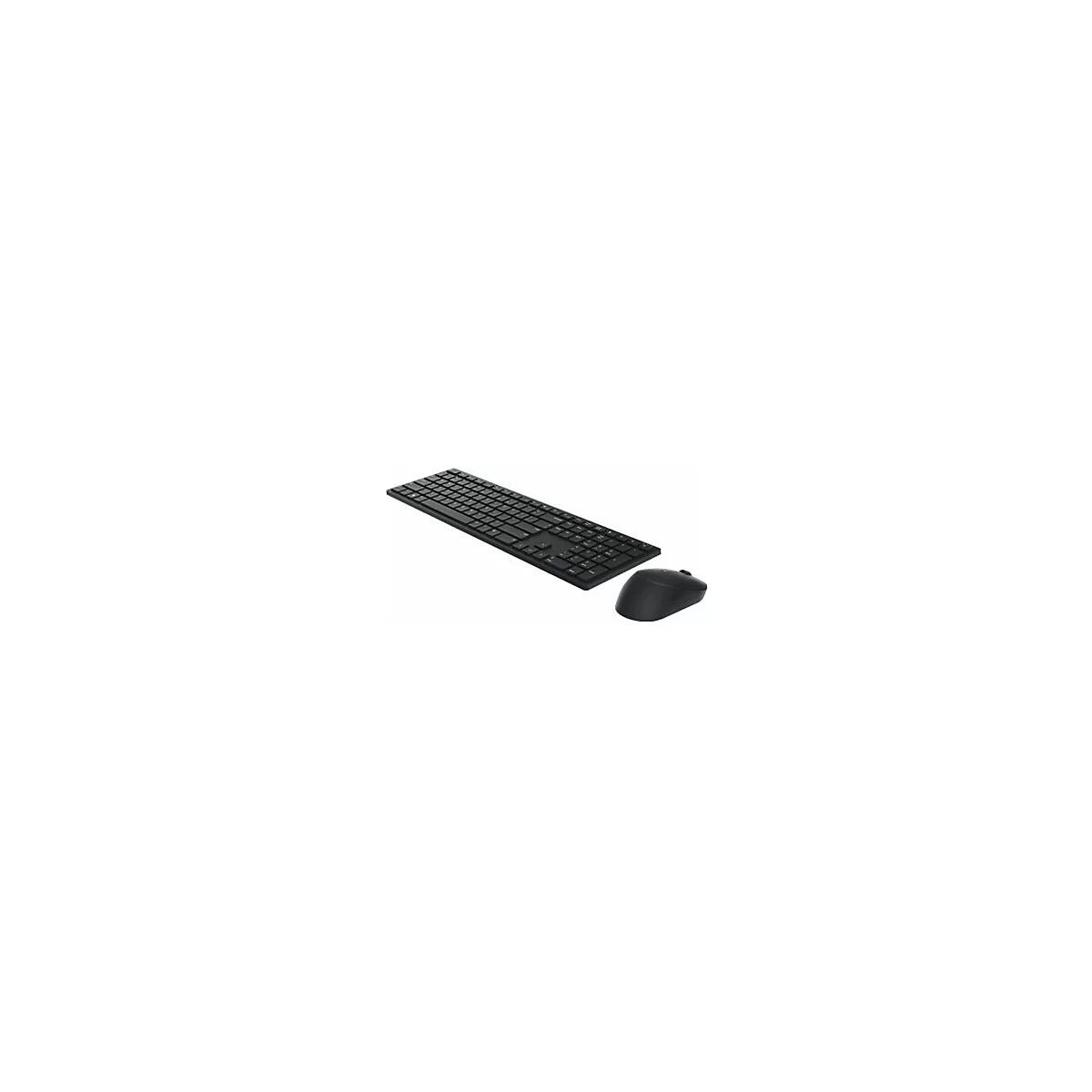 Schwarzes drahtloses Tastatur-Maus-Set. Die Tastatur hat flache Tasten, die Maus ist abgerundet.